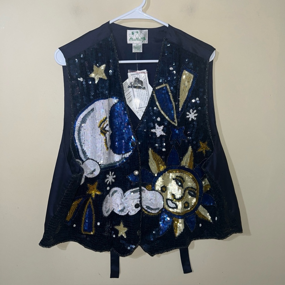 Quaker Factory Celestial Sequin Vest Blue Silver Star Moon NWT 2X